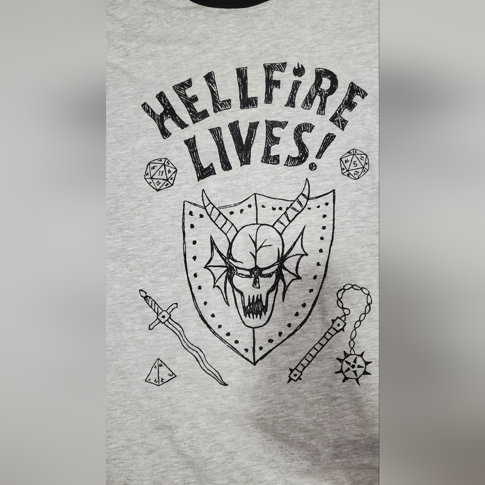 Primark Light Grey Short Sleeve Tee with Black 'Hellfire Lives' Graphic